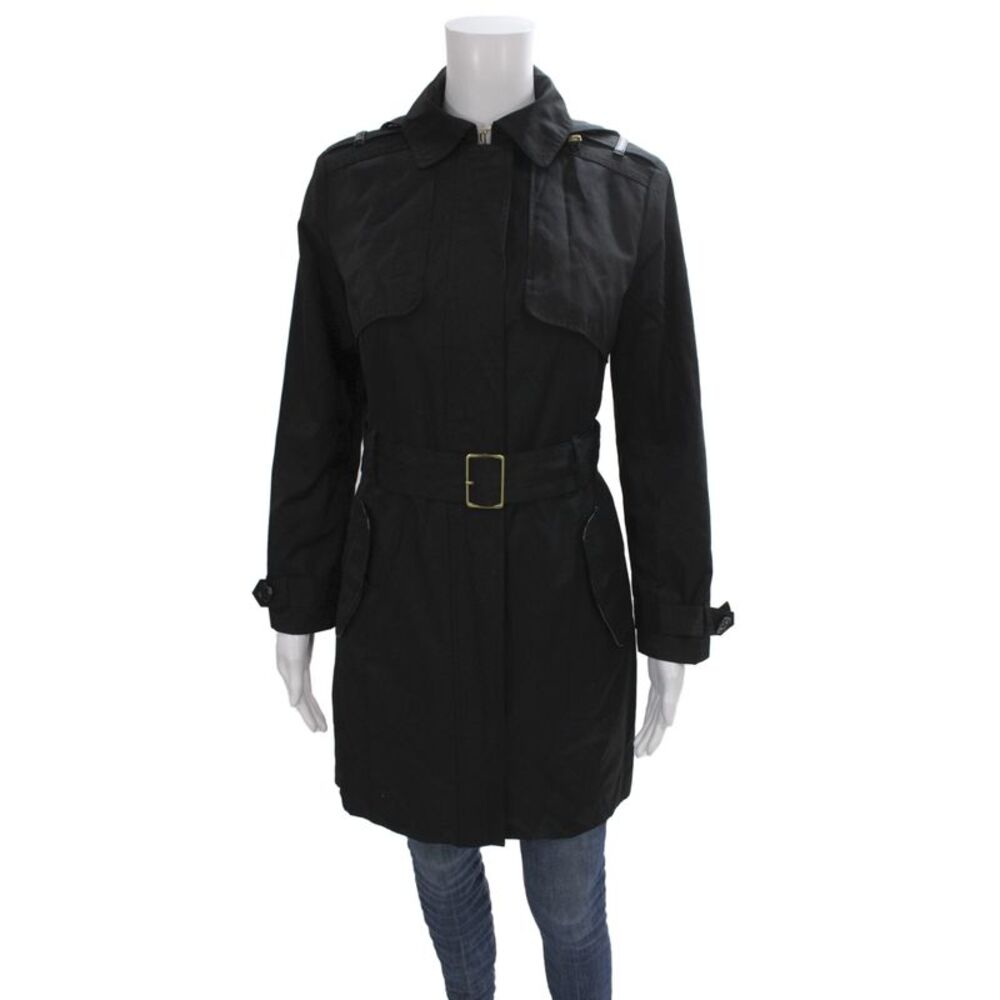 Cole Haan Women Trench Coat Black Collared Buckle Long Sleeve Petite Size XS